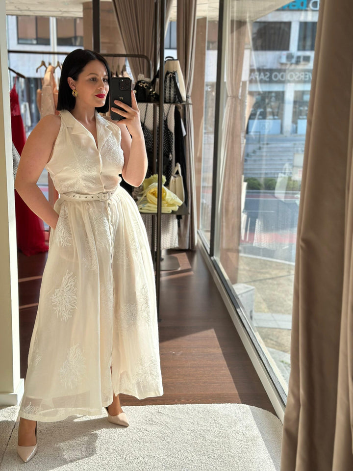 VESTIDO CAMISEIRO TECIDO BORDADO BRANCO PONTO CHIC