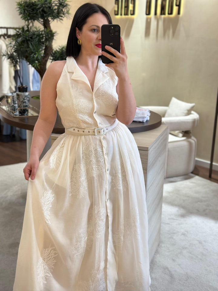 VESTIDO CAMISEIRO TECIDO BORDADO BRANCO PONTO CHIC