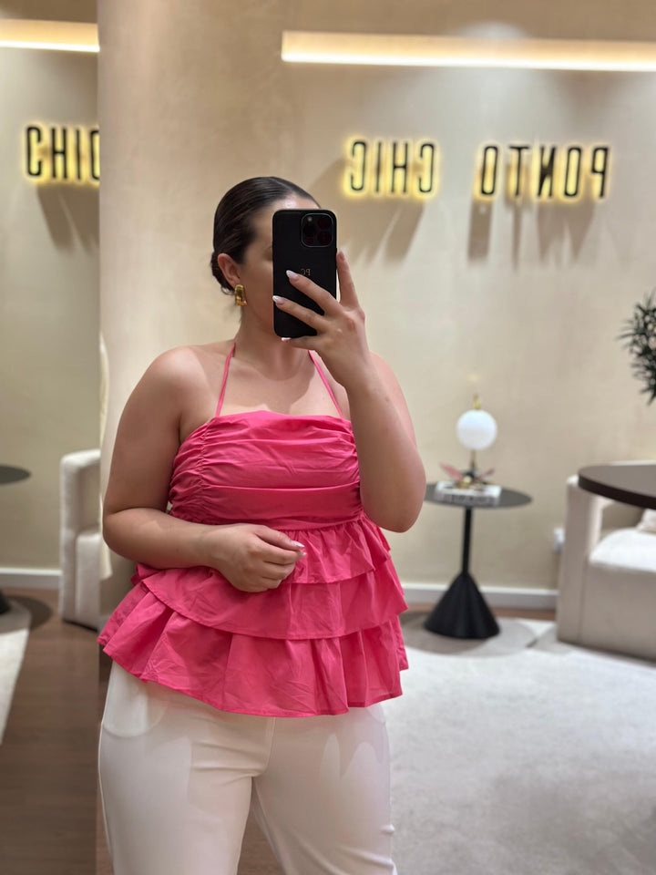 TOP ROSA FUCSHIA COM FOLHOS PONTO CHIC