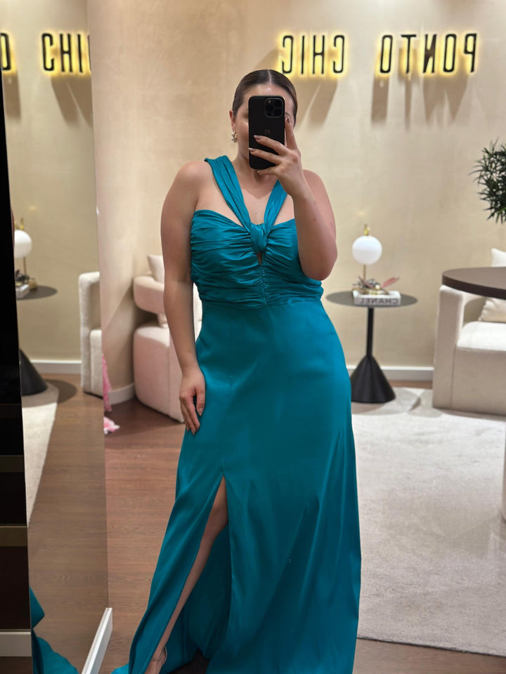 VESTIDO TURQUESA PEITO FRANZIDO PONTO CHIC