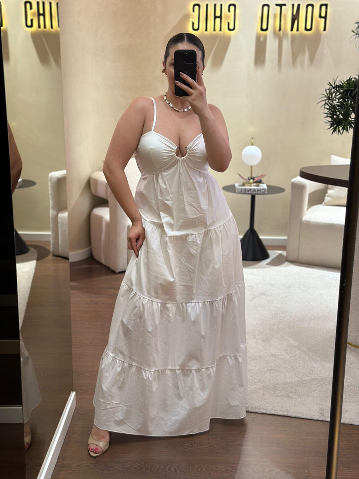 VESTIDO BRANCO FLUÍDO COM FOLHOS PONTO CHIC