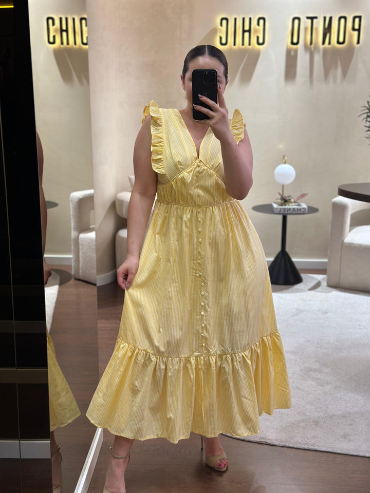 VESTIDO MIDI COM RISCA AMARELA PONTO CHIC