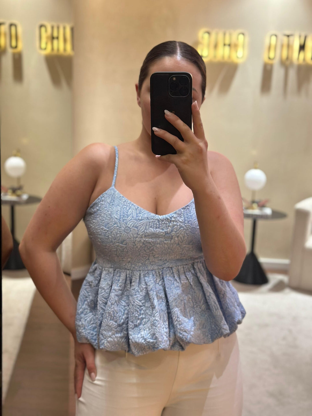 TOP AZUL TECIDO JACQUARD PONTO CHIC