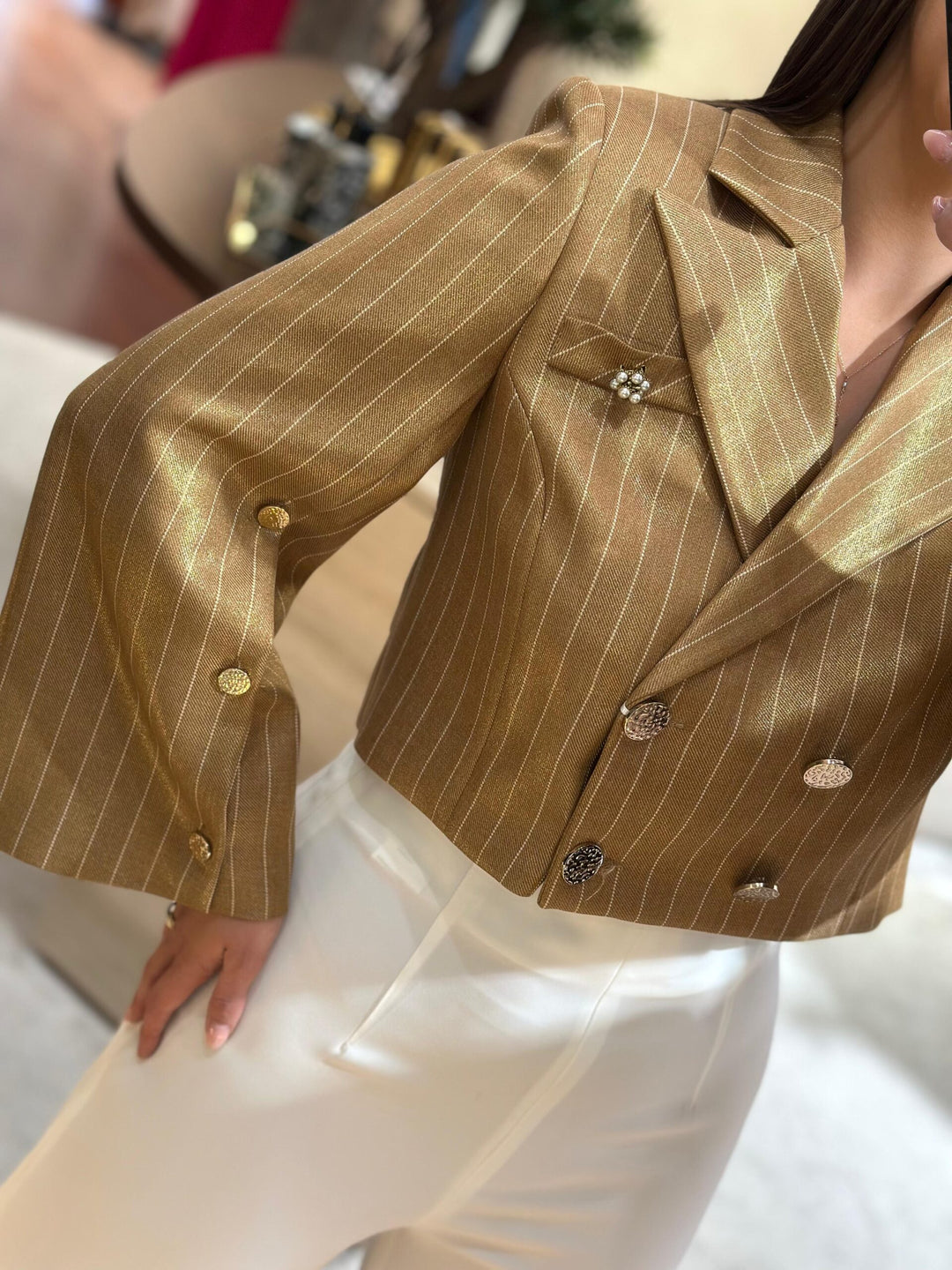 BLAZER CROPPED CAMEL ÁS RISCAS SAHOCO