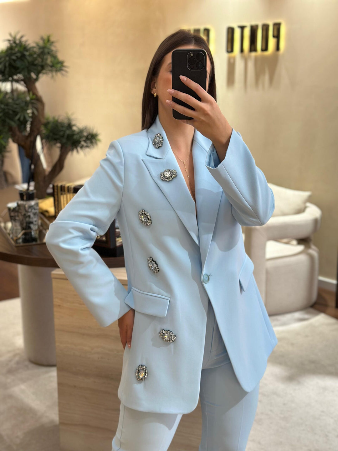 BLAZER AZUL COM APLICAÇÕES RINASCIMENTO