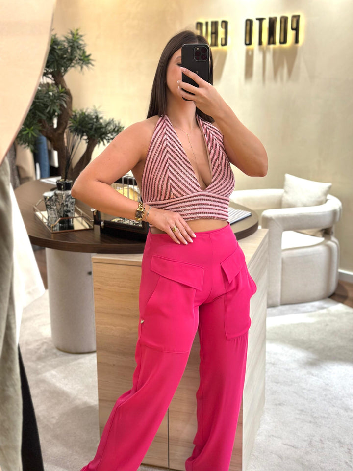 CALÇAS COM BOLSOS DE ABA ROSA MISS YOU