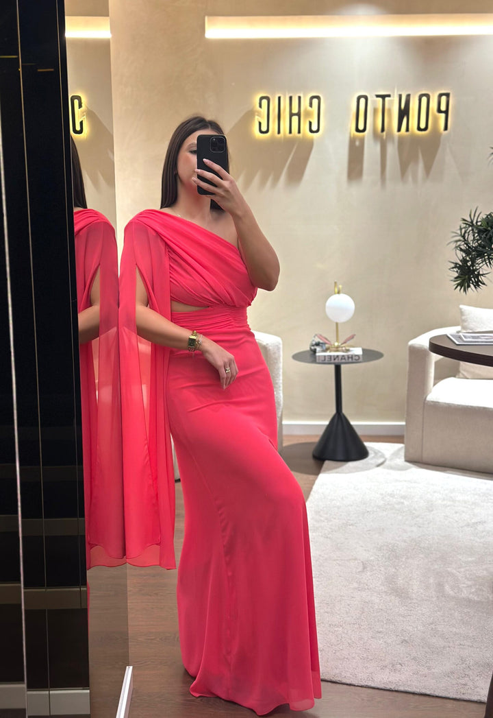 VESTIDO ROSA MANGA UNILATERAL PONTO CHIC