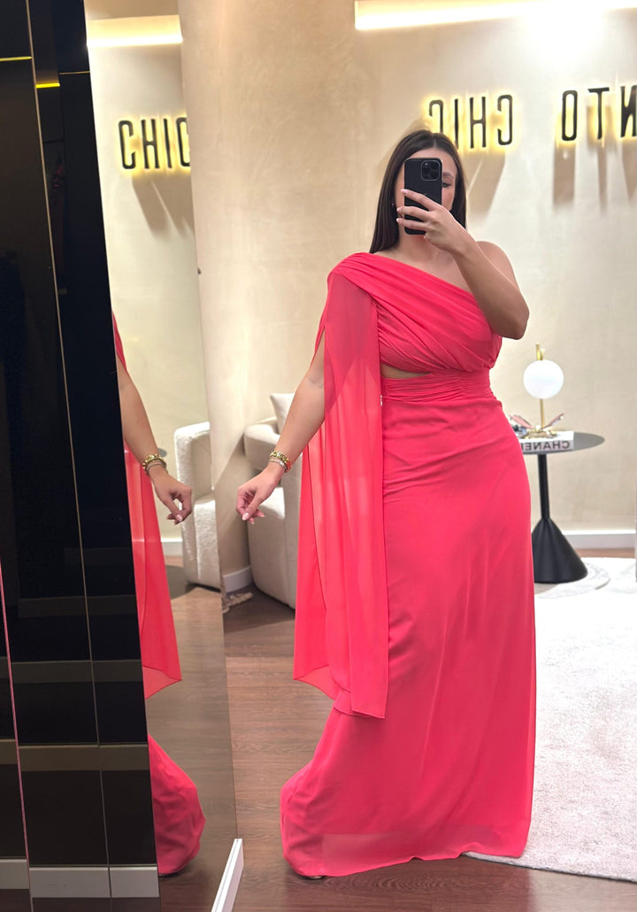 VESTIDO ROSA MANGA UNILATERAL PONTO CHIC