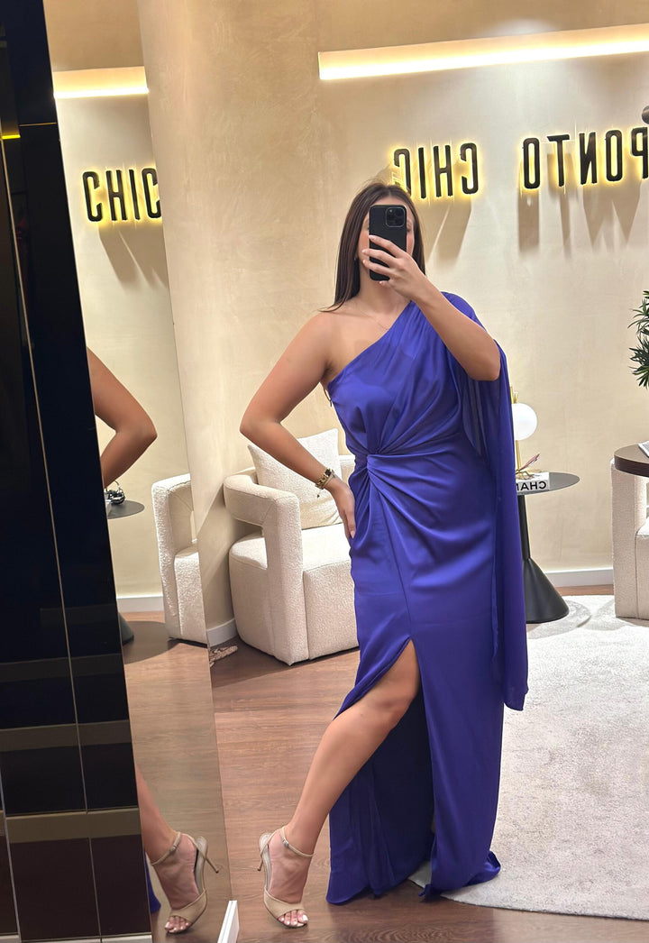 VESTIDO COMPRIDO ROXO MANGA UNILATERAL PONTO CHIC