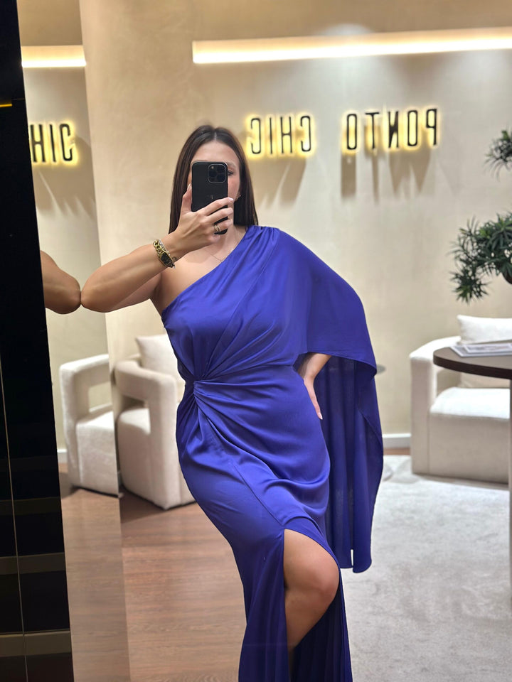 VESTIDO COMPRIDO ROXO MANGA UNILATERAL PONTO CHIC