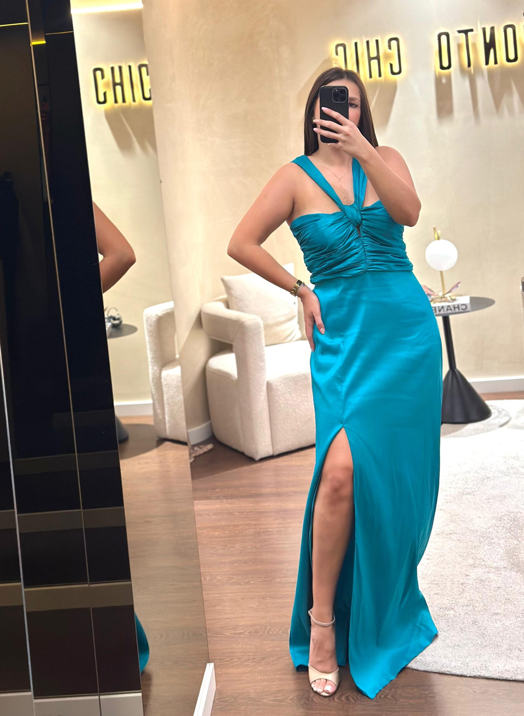 VESTIDO TURQUESA PEITO FRANZIDO PONTO CHIC