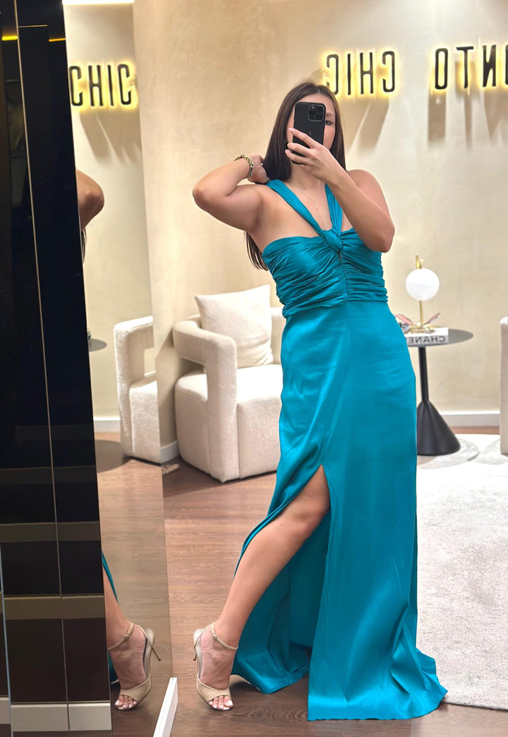 VESTIDO TURQUESA PEITO FRANZIDO PONTO CHIC