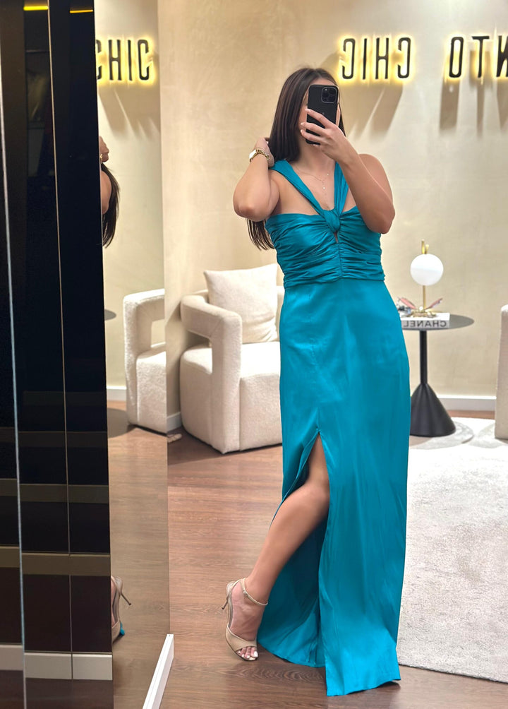 VESTIDO TURQUESA PEITO FRANZIDO PONTO CHIC