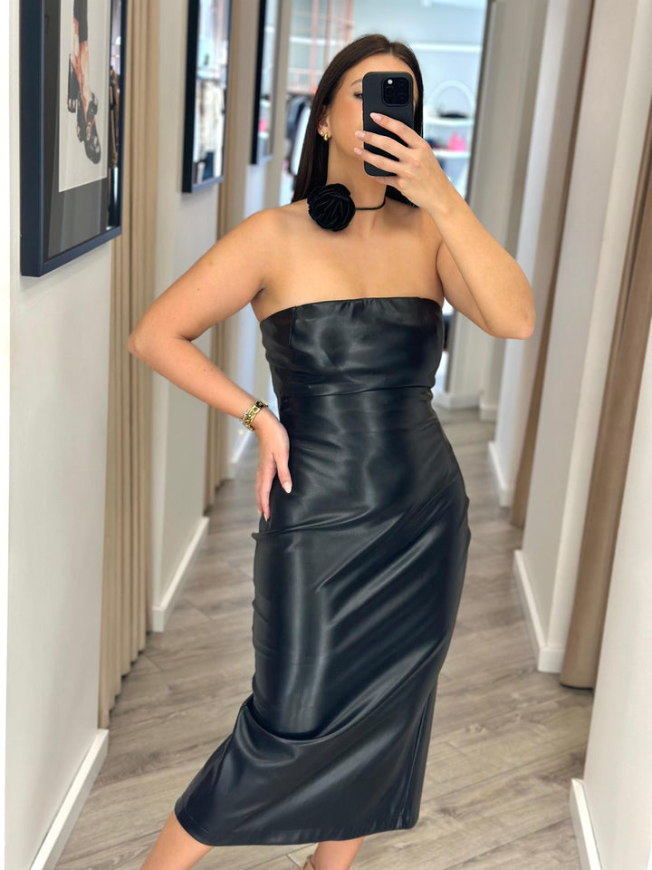 VESTIDO PRETO MIDI EM NAPA COM ALÇAS FINAS IMPERIAL