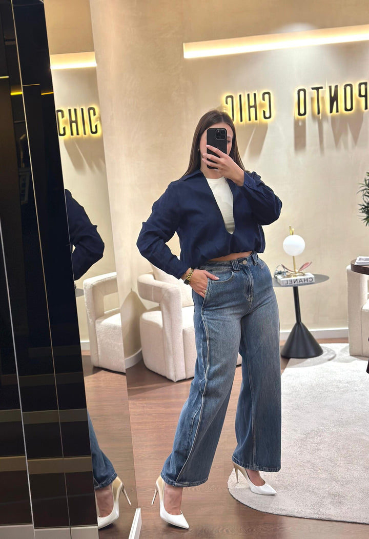 CALÇA DE GANGA RETA COM COSTURA LATERAL ELEH
