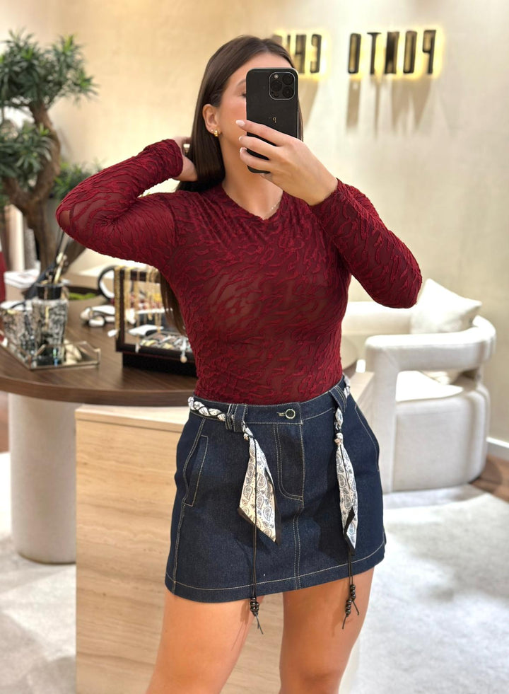 TOP BORDÔ TRANSPARENTE COM TEXTURA PONTO CHIC