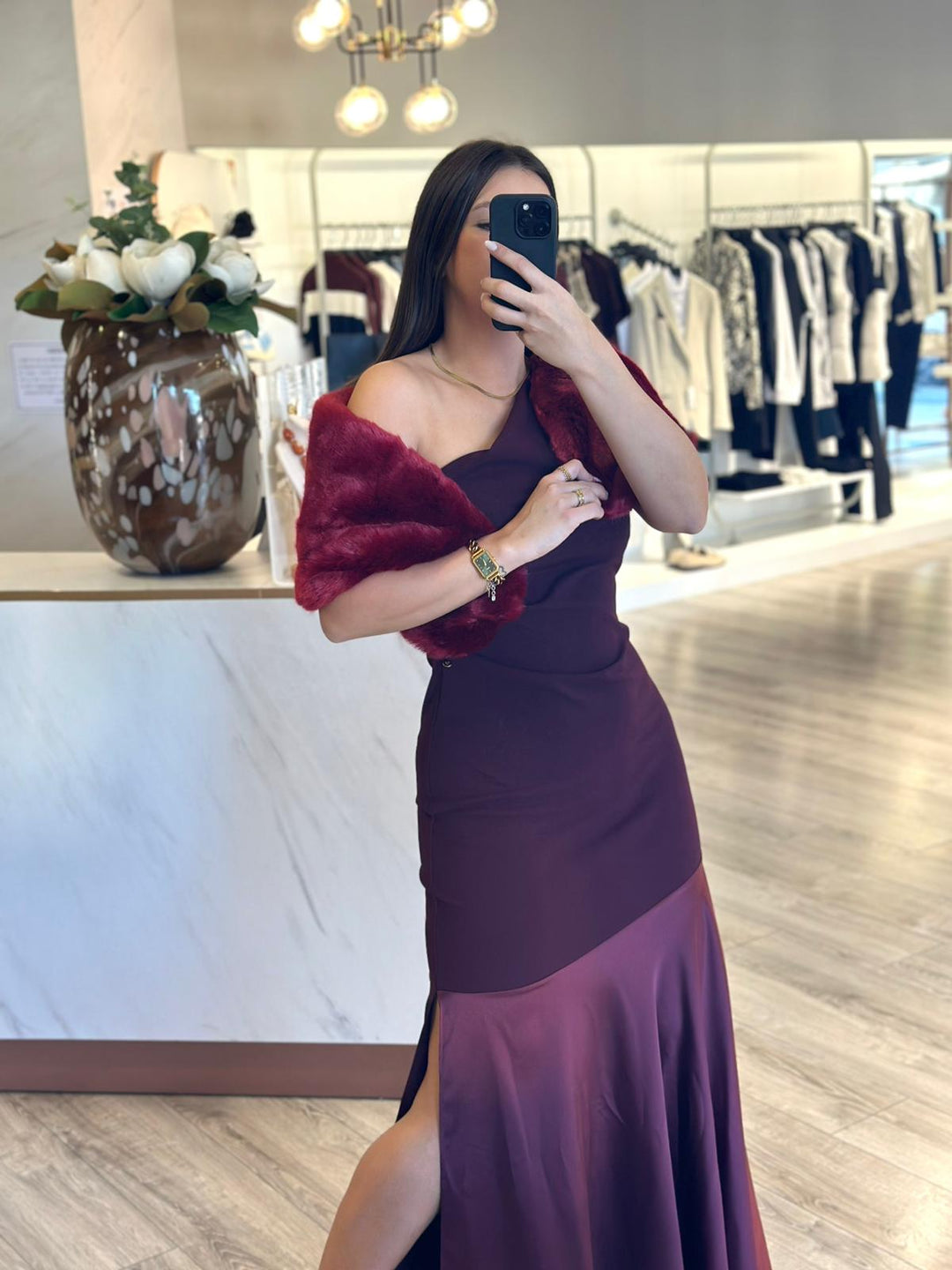 VESTIDO COMPRIDO BORDÔ DE UM OMBRO SÓ RINASCIMENTO