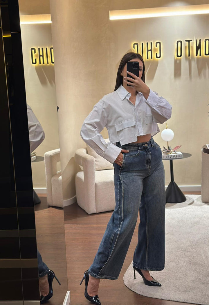 CAMISA CROPPED DE RISCAS AZUL IMPERIAL