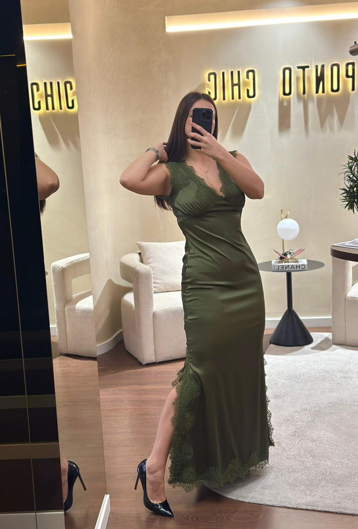 VESTIDO KAKI CETIM COM RENDA NO SECRETS