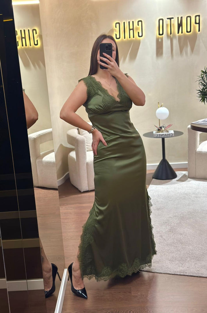 VESTIDO KAKI CETIM COM RENDA NO SECRETS