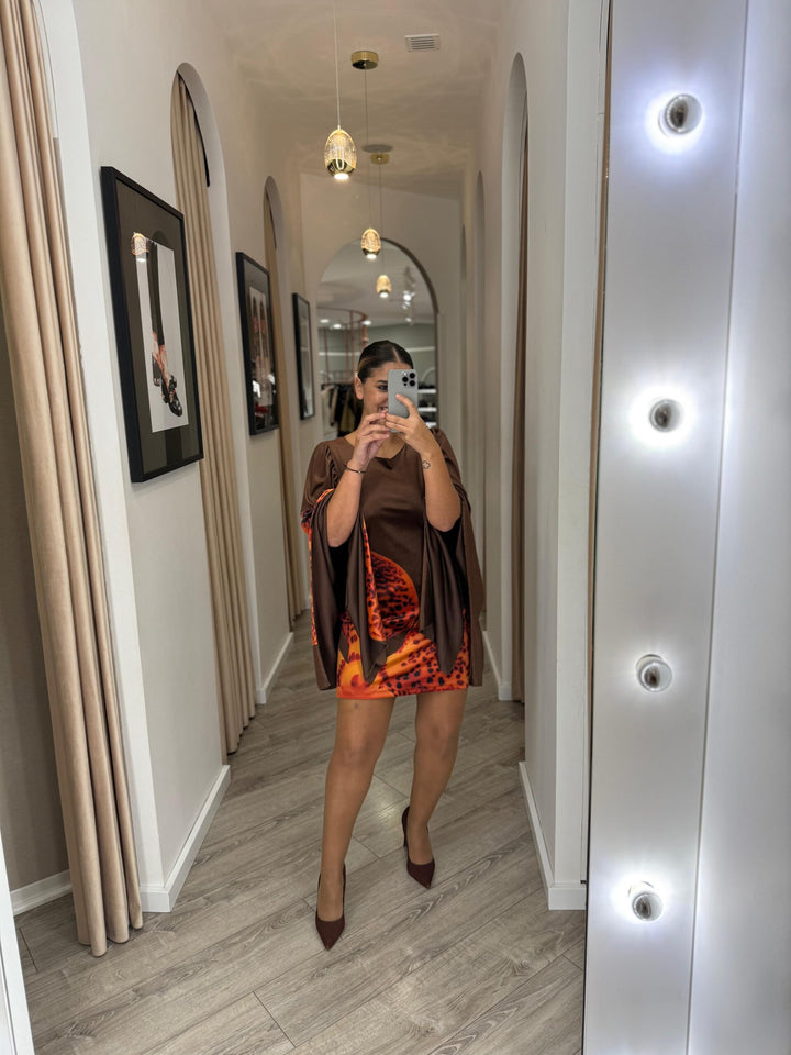 VESTIDO VELUDO CASTANHO COM ESTAMPA ARTÍSTICA SAHOCO