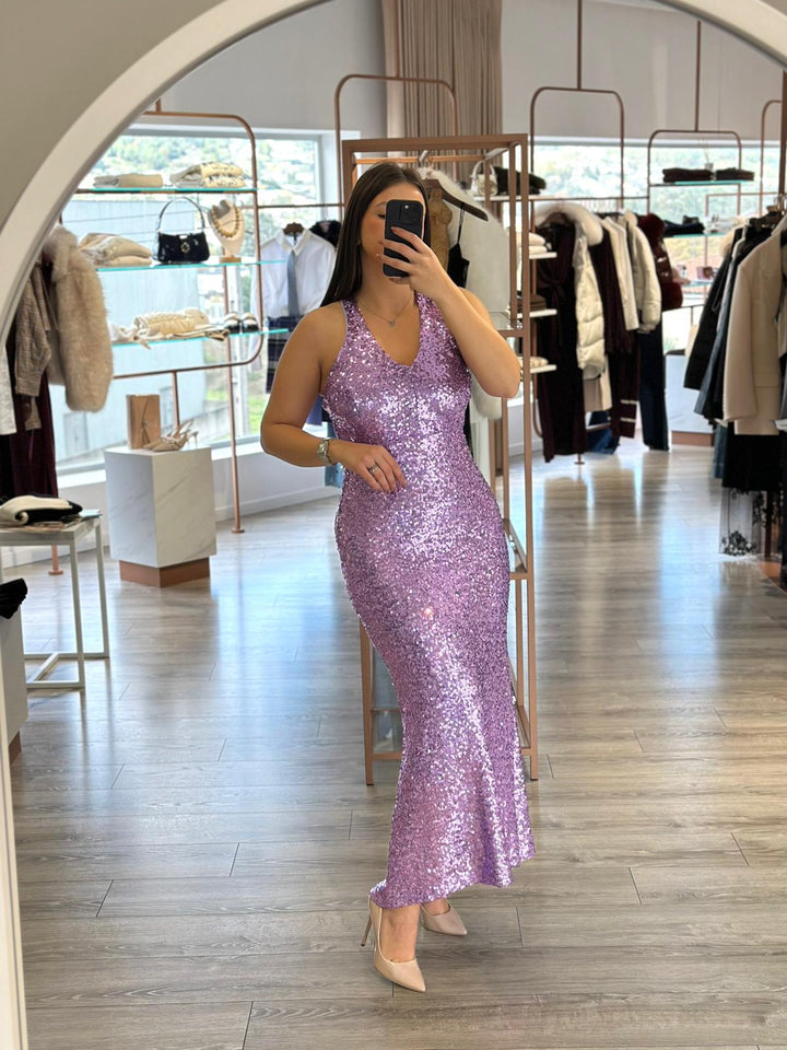 VESTIDO LANTEJOULAS LILÁS RINASCIMENTO