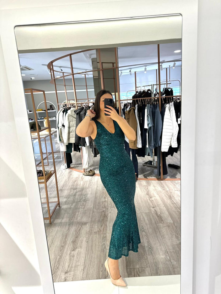 VESTIDO VERDE ESCURO DE LANTEJOULAS RINASCIMENTO
