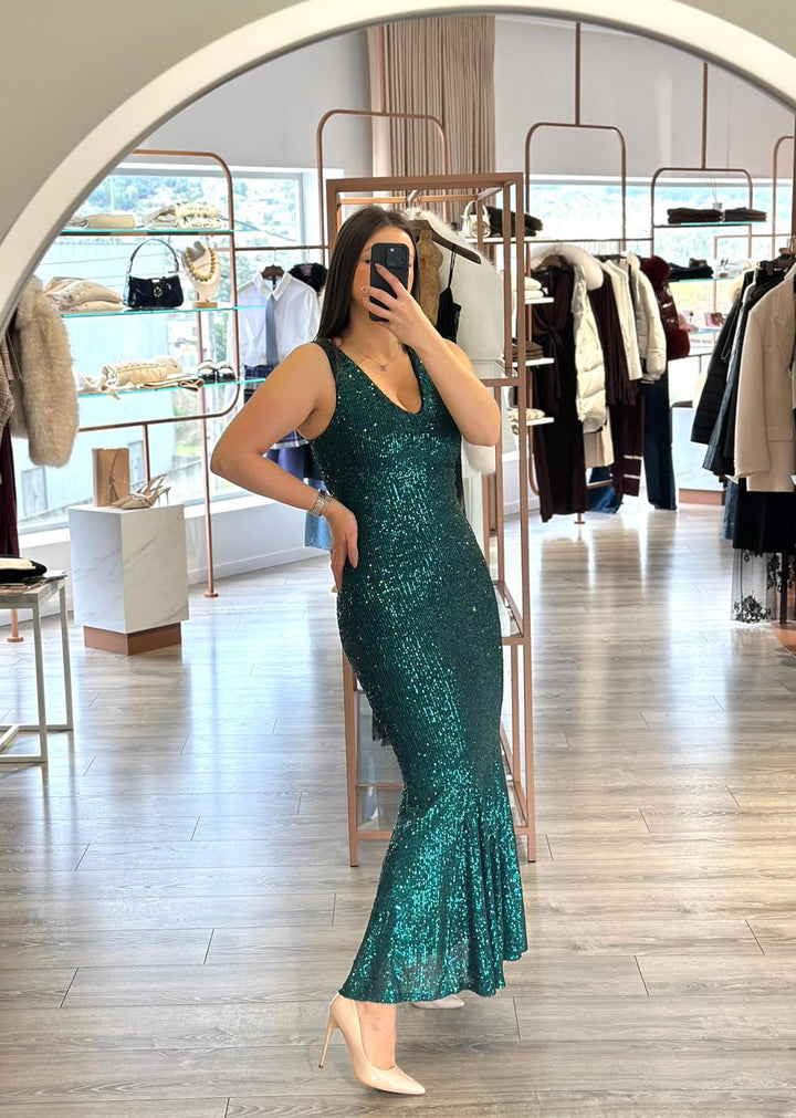 VESTIDO VERDE ESCURO DE LANTEJOULAS RINASCIMENTO