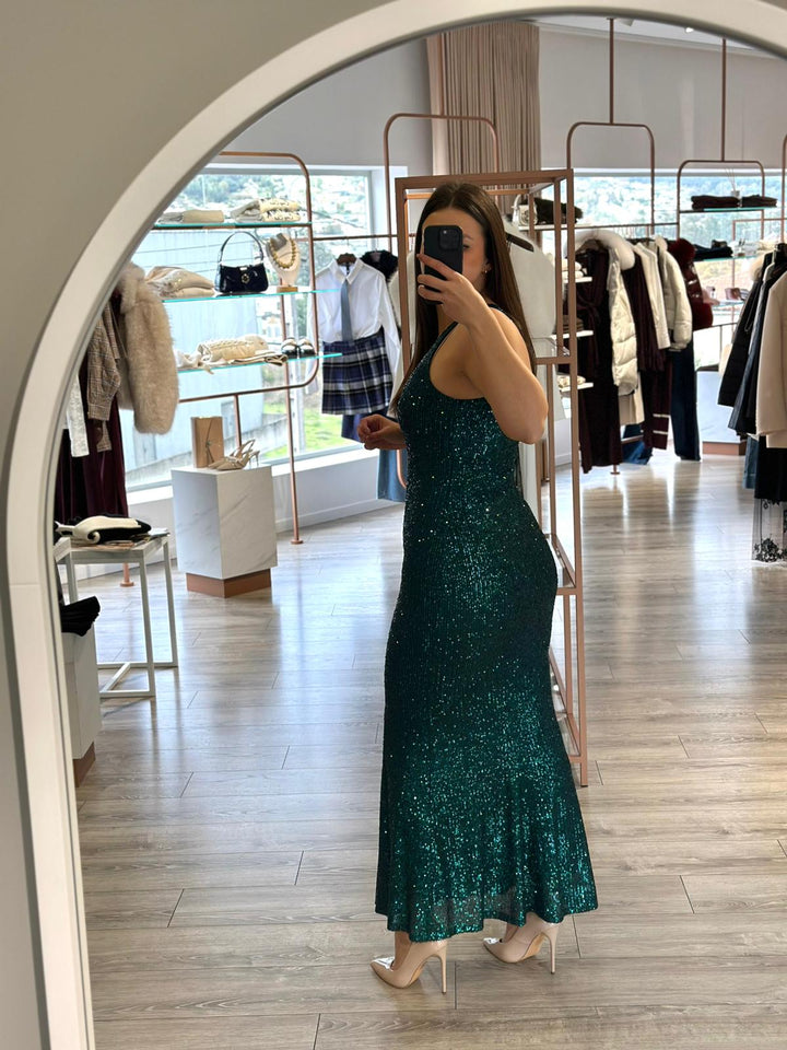 VESTIDO VERDE ESCURO DE LANTEJOULAS RINASCIMENTO
