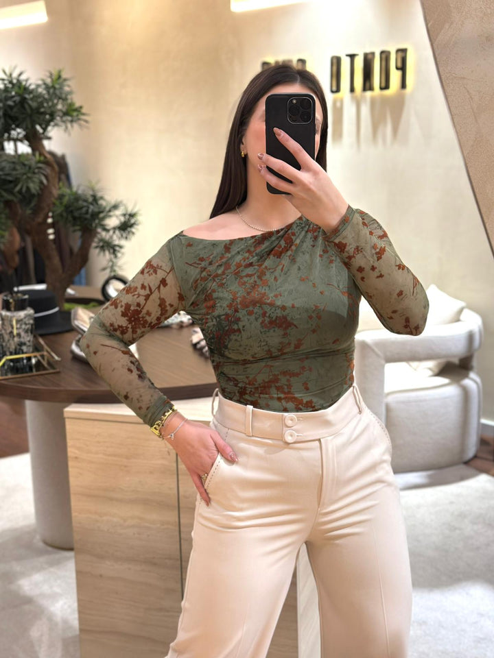 BODY VERDE COM PADRÃO FLORAL PONTO CHIC