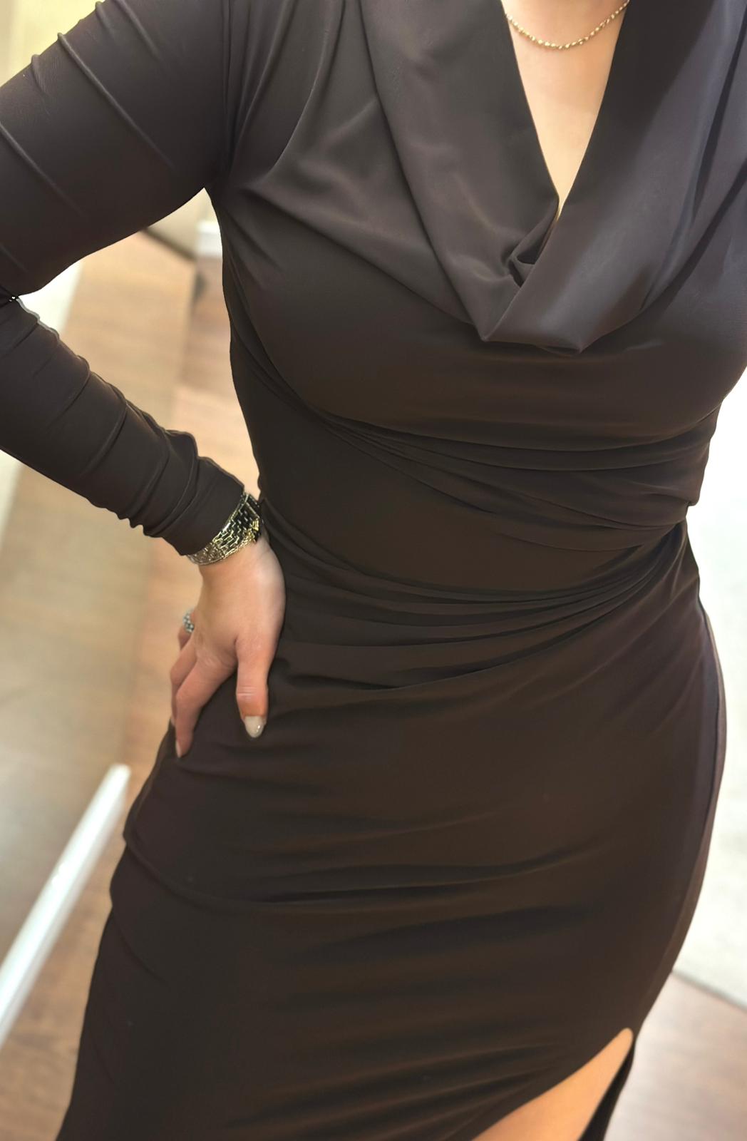 VESTIDO CASTANHO DRAPEADO PONTO CHIC