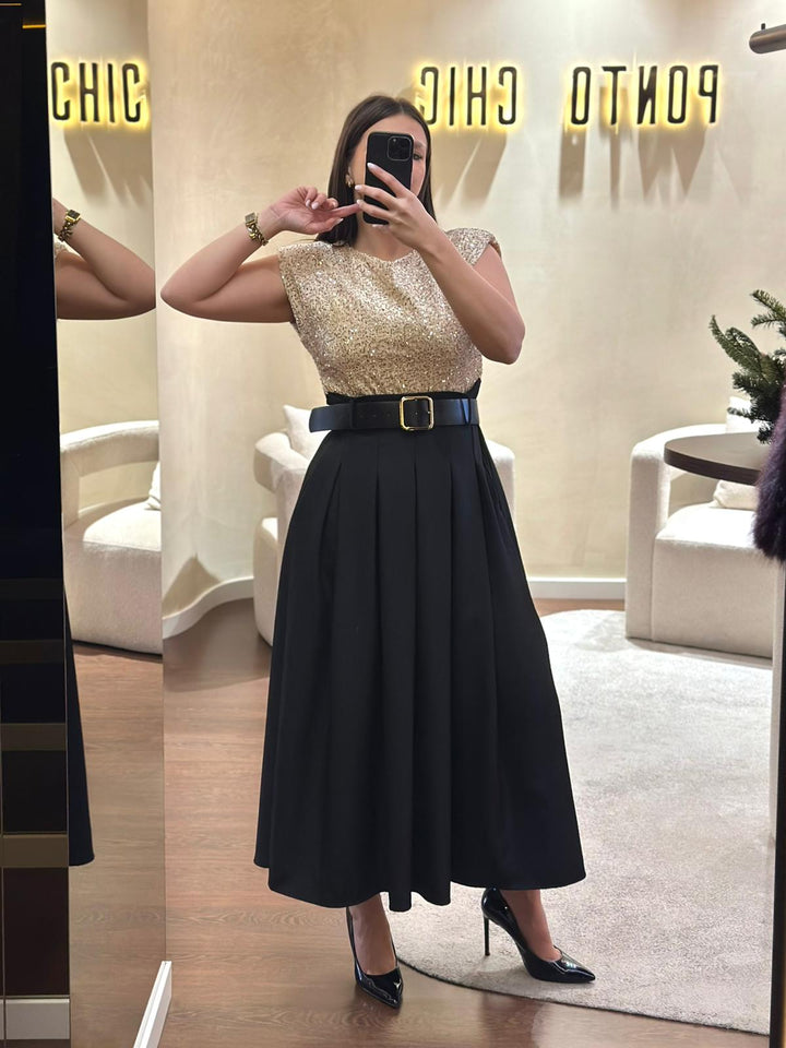 VESTIDO DE LANTEJOULAS DOURADO PONTO CHIC