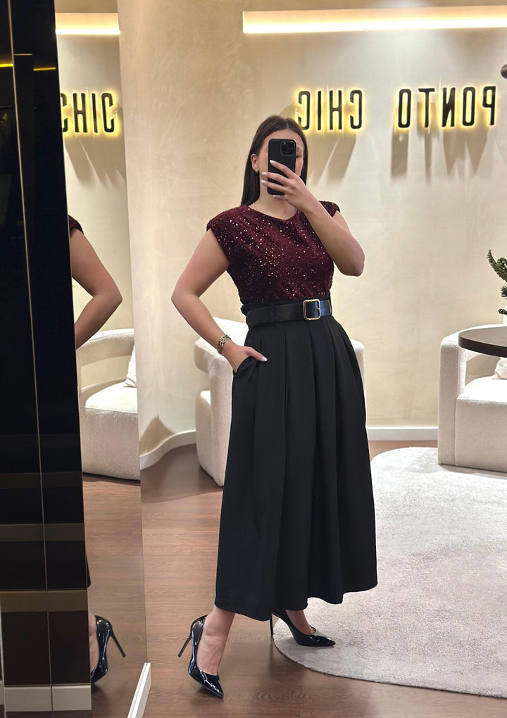 VESTIDO DE LANTEJOULAS BORDEAUX PONTO CHIC