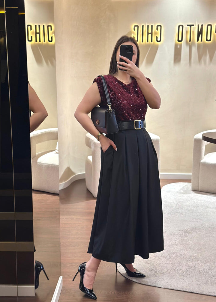 VESTIDO DE LANTEJOULAS BORDEAUX PONTO CHIC