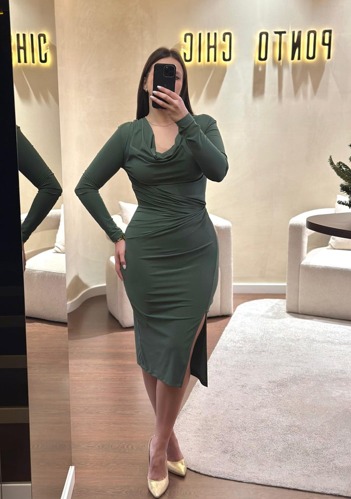 VESTIDO VERDE DRAPEADO PONTO CHIC