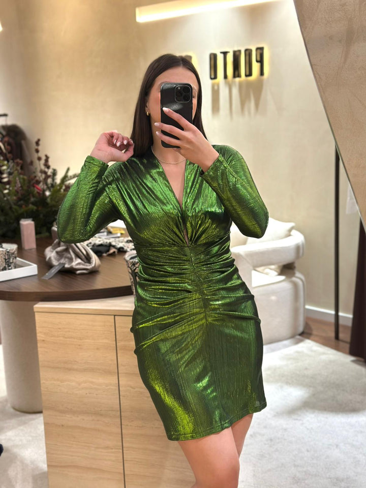VESTIDO METÁLICO VERDE DRAPEADO PONTO CHIC