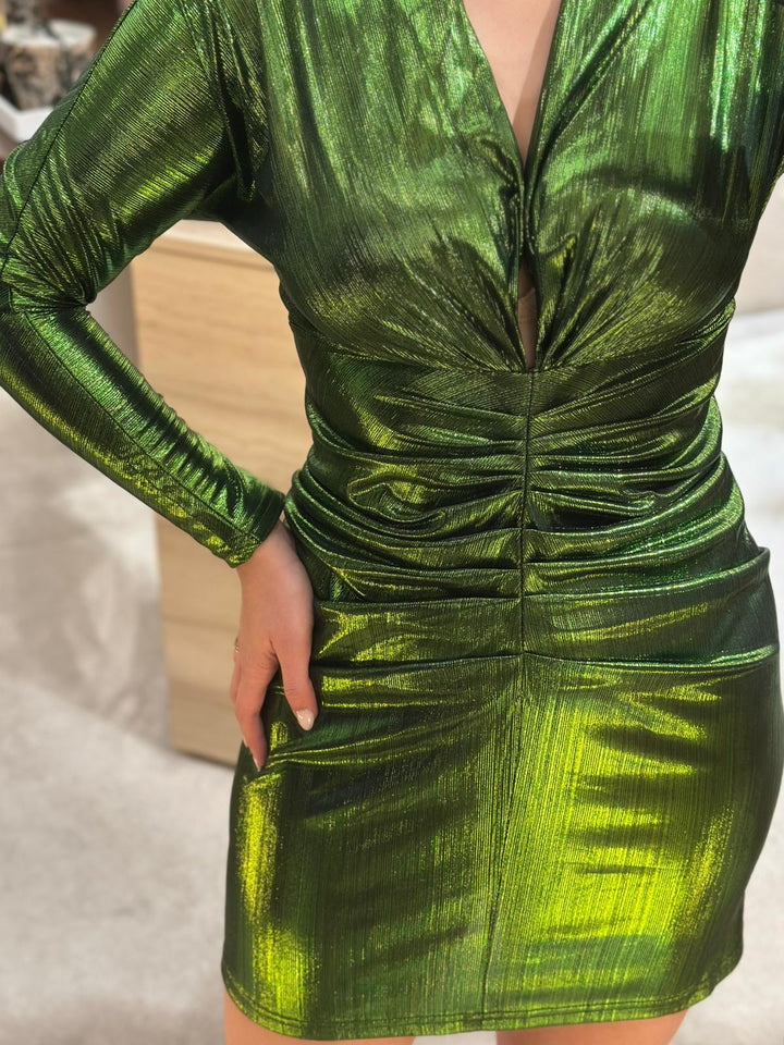 VESTIDO METÁLICO VERDE DRAPEADO PONTO CHIC