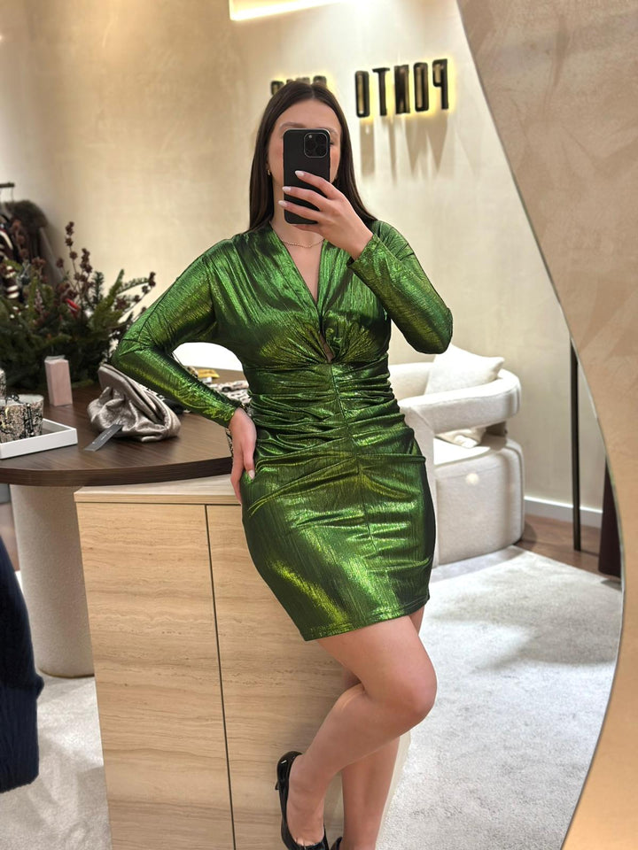 VESTIDO METÁLICO VERDE DRAPEADO PONTO CHIC