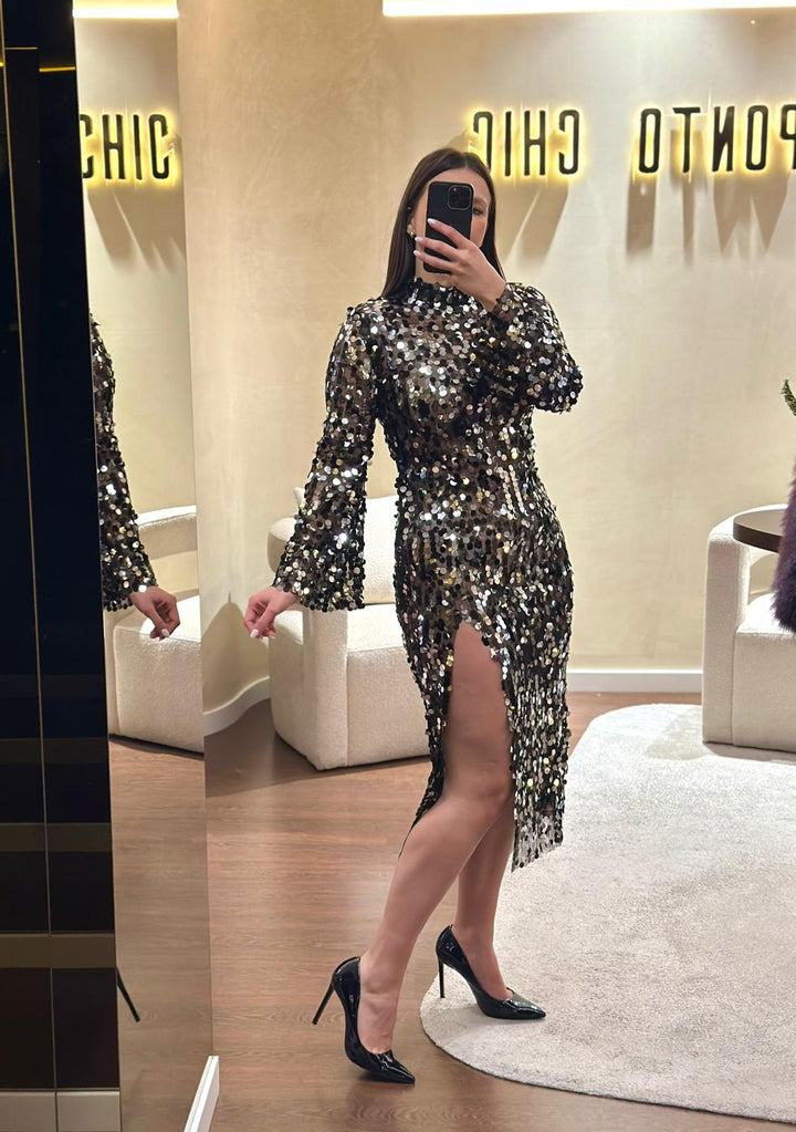 VESTIDO LONGO PRETO DE LANTEJOULAS PONTO CHIC