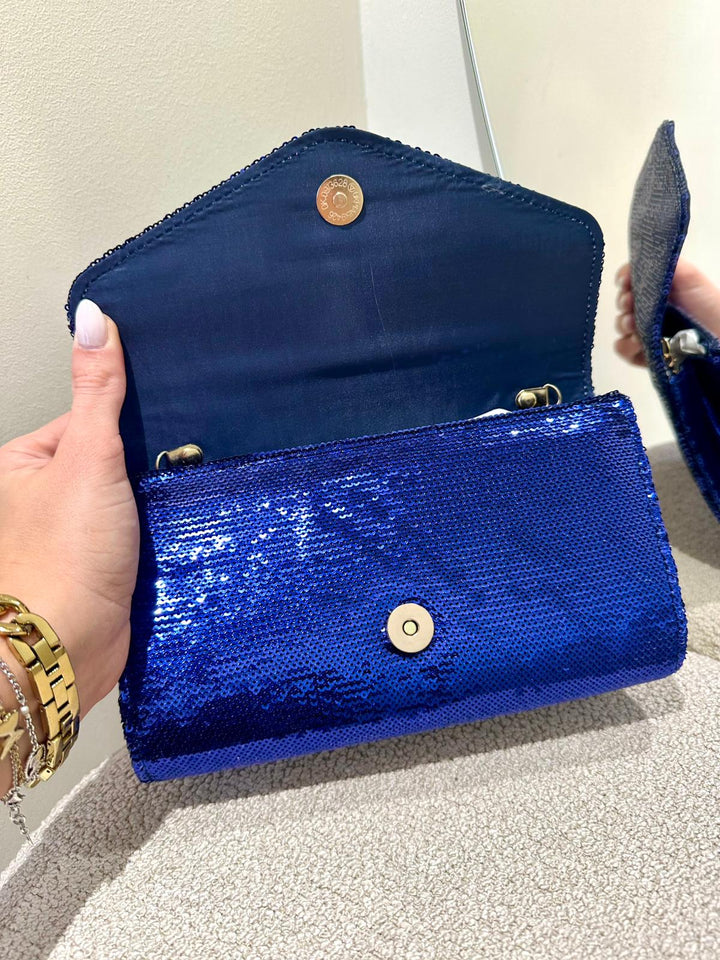 CLUTCH ENVELOPE DE LANTEJOULAS AZUL-MARINHO PONTO CHIC