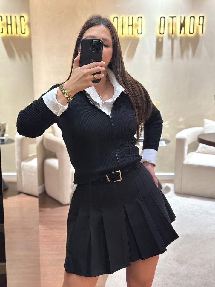 CASACO PRETO CANELADO PONTO CHIC