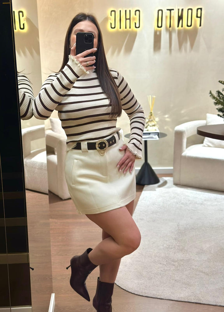 CAMISOLA DE RISCA CASTANHA E CREME PONTO CHIC