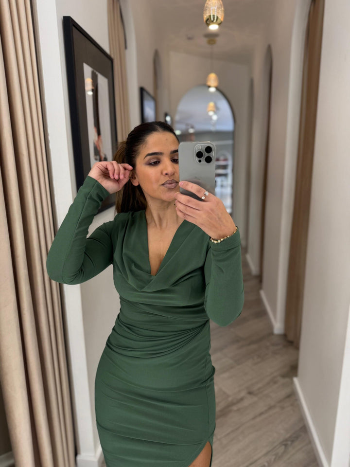 VESTIDO VERDE DRAPEADO PONTO CHIC