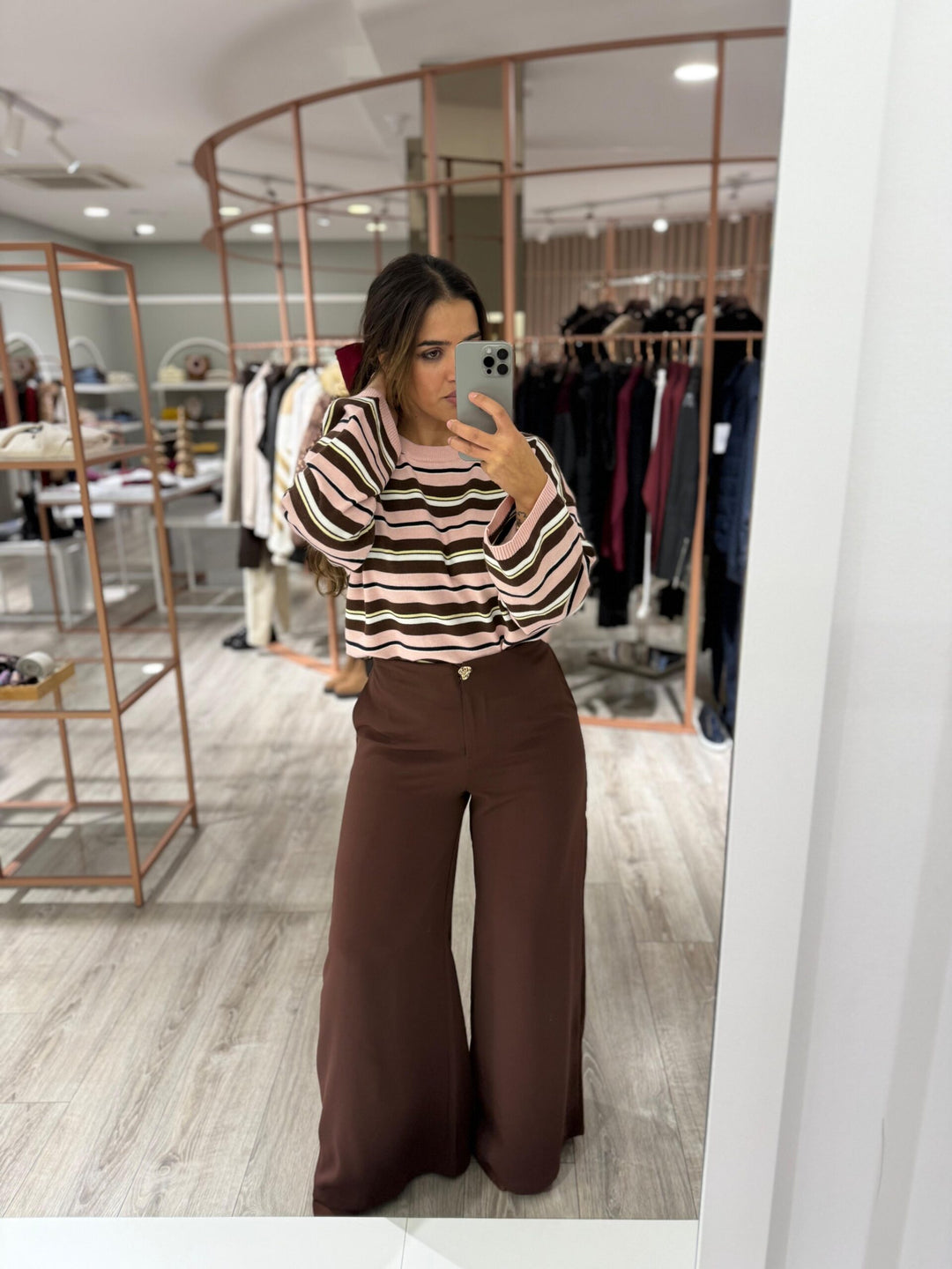 CAMISOLA ÀS RISCAS ROSA E CASTANHA PONTO CHIC