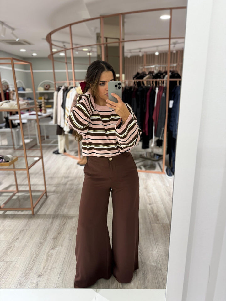 CAMISOLA ÀS RISCAS ROSA E CASTANHA PONTO CHIC