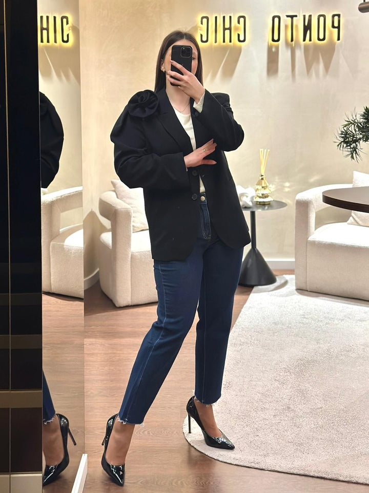 CALÇA DE GANGA MOM JEANS AZUL DESFIADA PONTO CHIC