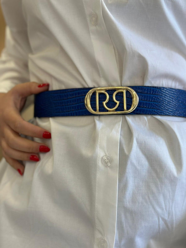 CINTO AZUL TEXTURADO COM FIVELA DOURADA RINASCIMENTO