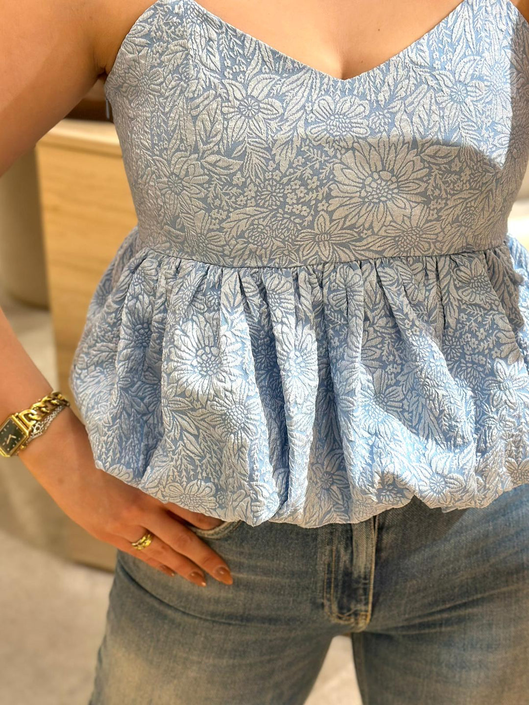 TOP AZUL TECIDO JACQUARD PONTO CHIC