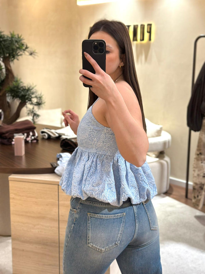 TOP AZUL TECIDO JACQUARD PONTO CHIC