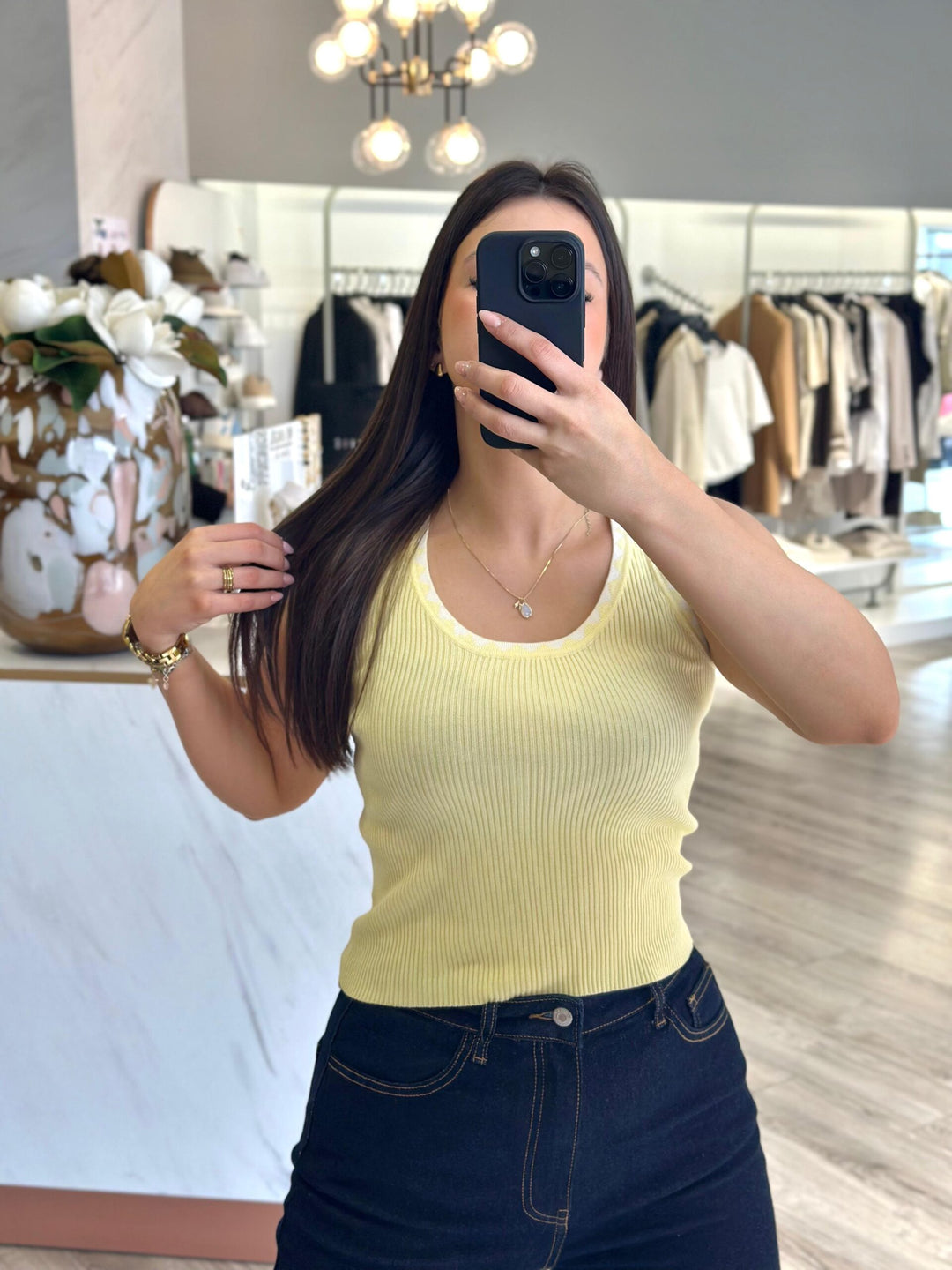 TOP AMARELO CANELADO PONTO CHIC